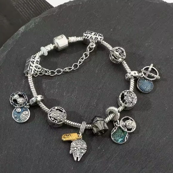 Star Wars Jewelry - 925 Sterling Silver Plated Star Wars Ensemble Themed Charm Bracelet